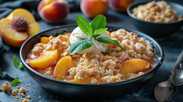 Peach Pie on Table With Sliced Peaches photo