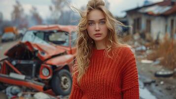 Woman Standing in Front of Wrecked Car photo