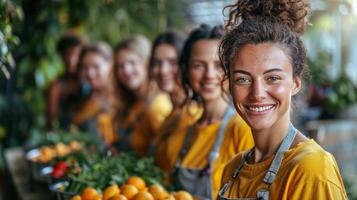 Group of Women Standing in Front of Oranges photo