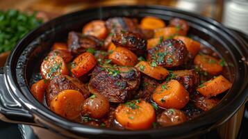 Crock Pot Filled With Carrots and Meat photo
