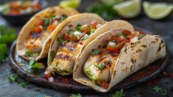 Three Fish Tacos With Limes and Cilantro on Plate photo