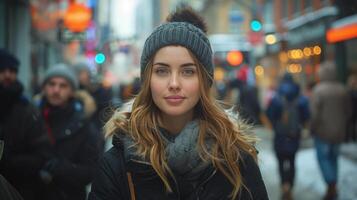 Woman Walking Down Street in Beanie photo