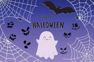 Happy Halloween banner or party invitation background with bats, ghosts and cobwebs. illustration vector