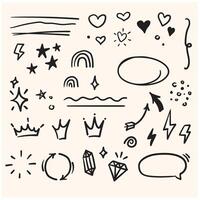 Hand drawn set elements, black on white background. Arrow, heart, love, star, leaf, sun, light, flower, daisy, crown, king, queen,Swishes, swoops, emphasis ,swirl, heart, for concept design. vector