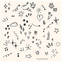 Hand drawn set elements, black on white background. Arrow, heart, love, star, leaf, sun, light, flower, daisy, crown, king, queen,Swishes, swoops, emphasis ,swirl, heart, for concept design. vector