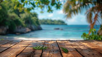 Wooden Table Overlooking Ocean photo