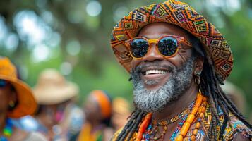 hombre con rastas vistiendo sombrero y Gafas de sol foto