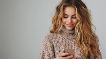 Woman in Sweater Looking at Cell Phone photo