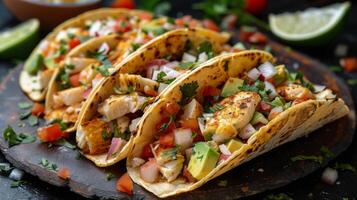 Three Fish Tacos With Limes and Cilantro on Plate photo