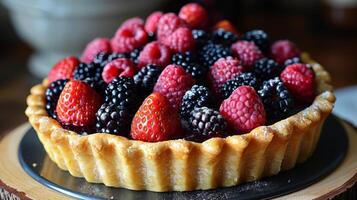 Fruit Tart on Wooden Platter With Grapes and Raspberries photo