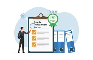 Quality management system for ISO standard, paper document with checklist, international standards for trusted goods and services vector