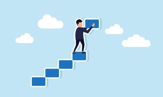 Constructing success stairs self development, career growth, and job advancement, concept of Businessman constructs stairs for ascending business growth vector