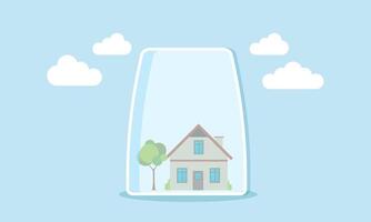 House insurance ensures protection for homes, apartments, and real estate, concept of Tiny home shielded by robust glass covering for security vector