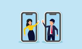 Virtual high five for remote success, online collaboration, or business achievement, concept of Joyful businessman and businesswoman high five through mobile phones vector