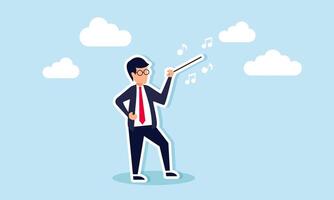 Business conductor uses baton, leading company's success with musical leadership metaphor, concept of manager to guide and control team vector