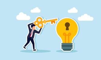 Businessman unlocks a lightbulb, symbolizing new ideas and creativity, concept of Smart businessman with golden key ready to unlock lightbulb idea lamp vector