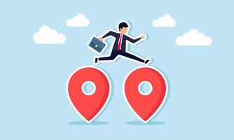 Company relocation moving office to new address or transferring to a new location, concept of Business owner jumping from one map pin to another, symbolizing relocation vector