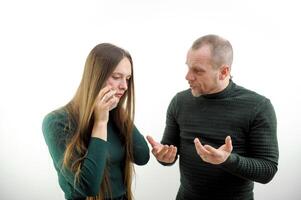 boss scolds subordinate who speaks on phone solves problems novice worker trainee anger seriousness on white background attitude of adults and children Unequal marriage social services showdown photo