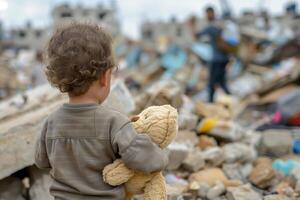 Child holding teddy bear in ruins photo