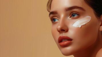 A woman with cosmetic cream on her face, copy space. photo