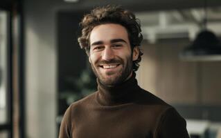 A smiling man with turtleneck standing in modern office photo