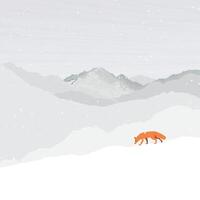 Fox on the snow mountain landscape have snowfall graphic illustration. Animal in snow landscape flat design concept with blank space. vector