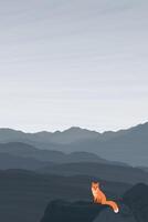 Fox on the rock cliff with mountain ranges landscape flat design graphic illustration have blank space. vector