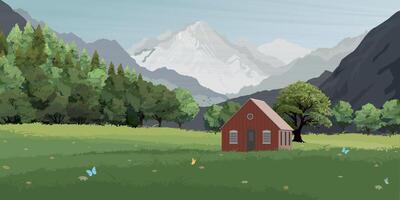 Country house on the meadow in the middle of valley surrounded by mountains and pine forest graphic illustrated. vector