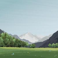 Meadow in the middle of valley surrounded by mountains and pine forest graphic illustrated. vector