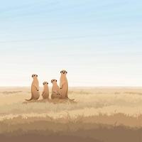 Meerkats family standing in savannah plains graphic illustrated have blank space. vector