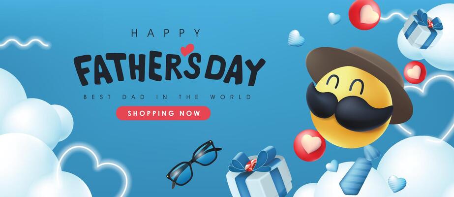Happy Fathers Day sale banner background with mustache smiley character