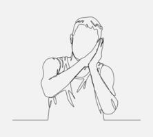 continuous one line drawing of young man in undershirt holding folded hands near his face. concept of sleepy, tired, rest, expression. editable stroke. isolated background graphic illustration. vector