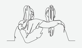 two women embracing each other. back view. concept of friendship, relationship, best friend. editable stroke. continuous line drawing style illustration. vector