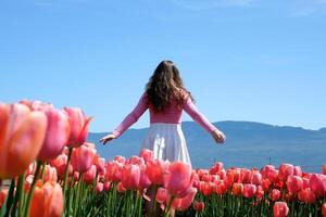 colección de videos y fotos dónde un niña en un blanco falda camina mediante campo con tulipanes azul antecedentes cielo montañas brillante floración campos adolescente joven mujer caminar al aire libre belleza cuidados personales