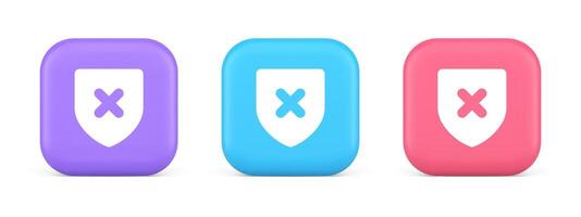 Decline shield button cross mark wrong unsend defense virtual guard 3d realistic icon vector
