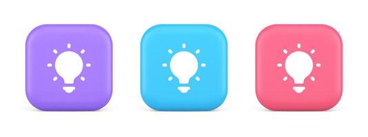 Light bulb illuminated innovation idea button brainstorming creative solution 3d icon vector