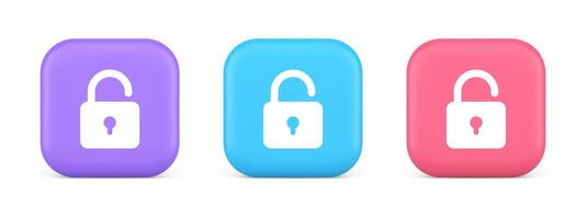Open lock button cyberspace password security protection service 3d realistic icon vector