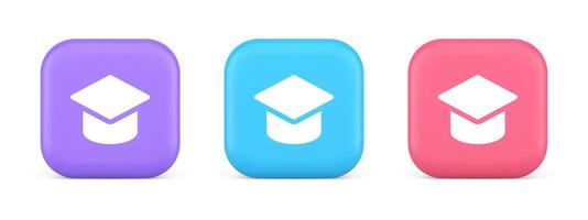 Graduation cap academic education e learning button wisdom knowledge 3d realistic icon vector
