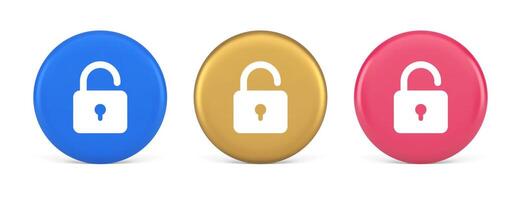 Open lock button cyberspace password security protection service 3d realistic circle icon vector