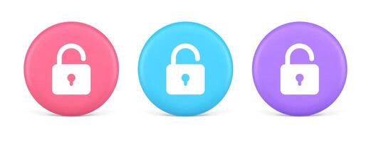 Open lock button cyberspace password security protection service 3d realistic circle icon vector