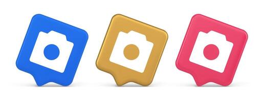 Photo camera multimedia content creation button optical lens zoom device 3d speech bubble icon vector