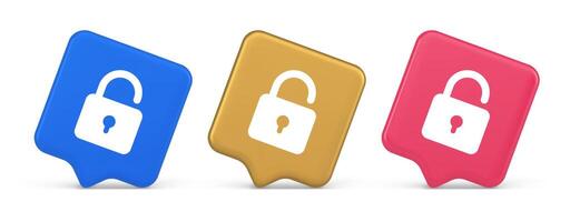 Open lock button cyberspace password security protection service 3d realistic speech bubble icon vector