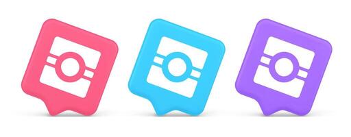 Camera photo application button multimedia photograph service 3d realistic speech bubble icon vector