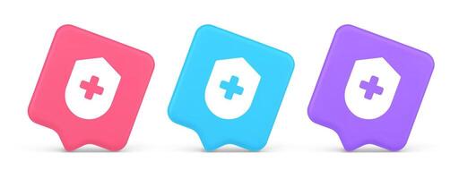 Medical secure shield check plus button approval confidential medicine protection 3d speech bubble icon vector