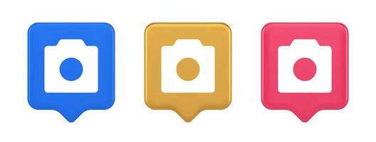 Photo camera multimedia content creation button optical lens zoom device 3d speech bubble icon vector