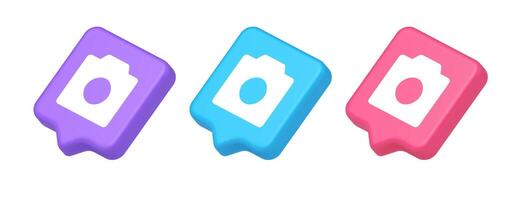 Photo camera multimedia content creation button optical lens zoom device 3d speech bubble isometric icon vector