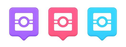 Camera photo application button multimedia photograph service 3d realistic speech bubble icon vector