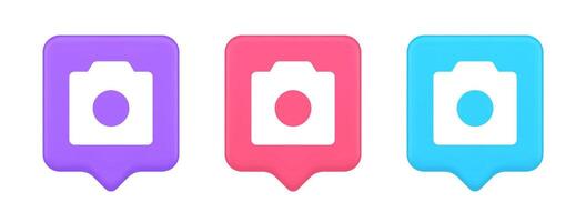 Photo camera multimedia content creation button optical lens zoom device 3d speech bubble icon vector