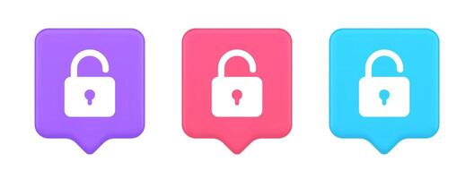Open lock button cyberspace password security protection service 3d realistic speech bubble icon vector