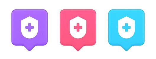 Medical secure shield check plus button approval confidential medicine protection 3d speech bubble icon vector